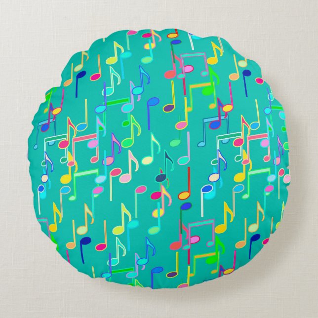Almofada Redonda Impressão de Notas Musicais - turquesa, multicamad (Frente)