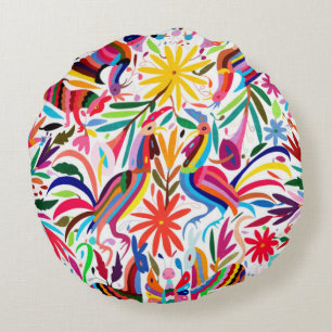 Almofada Redonda Impressão de Otomi Colorido, Padrão Floral/Anima