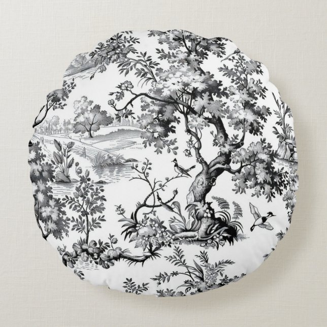 Almofada Redonda Impressão de Toile Preto (Frente)