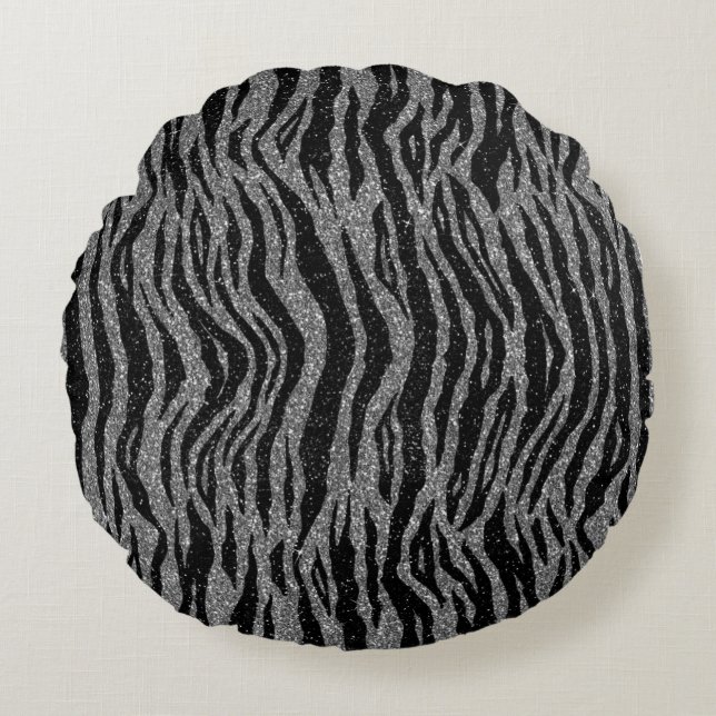 Almofada Redonda Impressão de Zebra Preto e Cinza Prata (Frente)