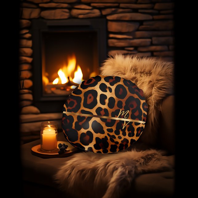Almofada Redonda Impressão do Leopardo Chic e Monograma Dourado (Stylish Luxe Leopard-Print Decorative Throw Pillow )