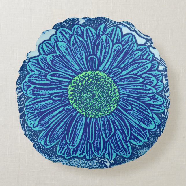 Almofada Redonda Impressão em bloco de Gerbera Daisy, Azul Cerúleo  (Frente)