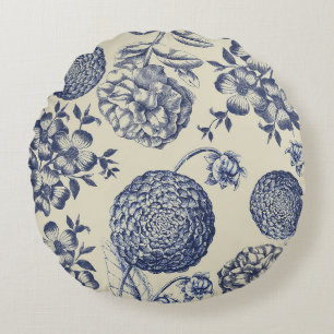 Almofada Redonda Impressão Flor Azul Antiquado Floral