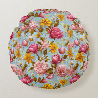Almofada Redonda Impressão Floral de Estilo Antiquado