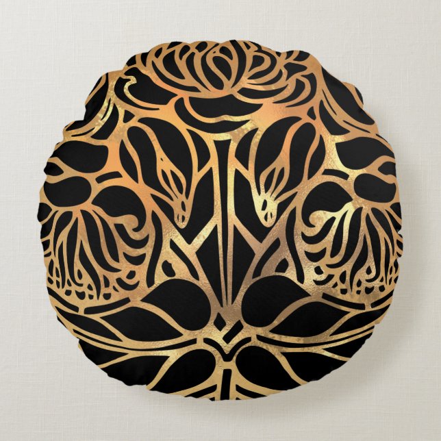 Almofada Redonda Impressão Negra Elegante e Dourada de Zebra  (Frente)