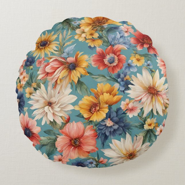 Almofada Redonda Incrível e elegante Flores de Verão (Frente)