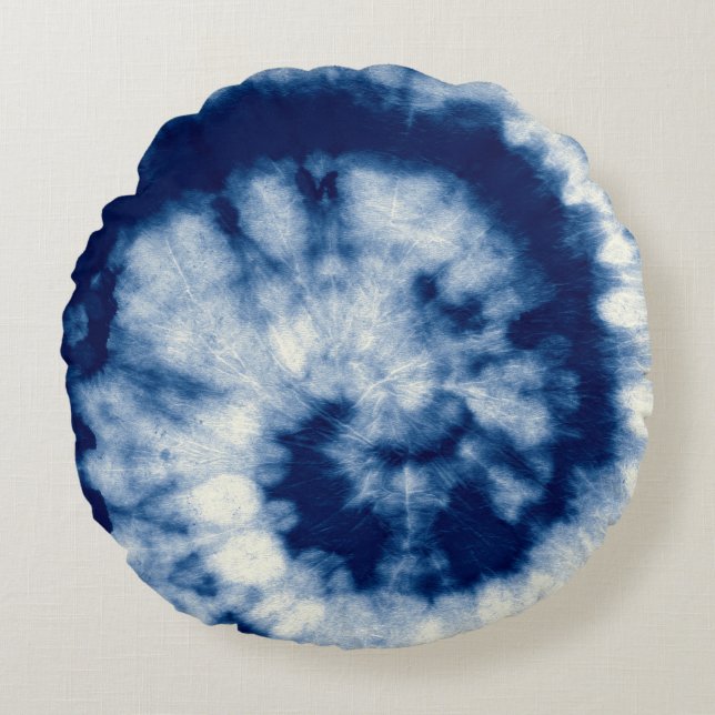 Almofada Redonda Indigo Round. Bohemian Tie Dye. Blue Roll Psychede (Frente)
