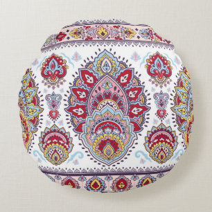 Almofada Redonda índio paisley floral, medalhão étnico.