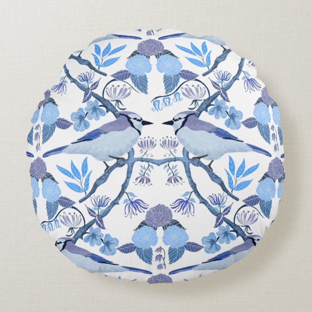 Almofada Redonda Inspirado em William Morris Bluejay Botânico  (Frente)