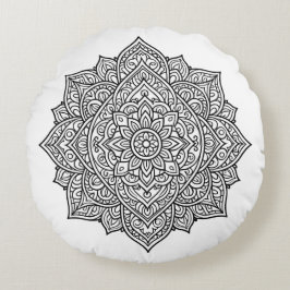 Almofada Redonda Intricate Black Line Mandala Art