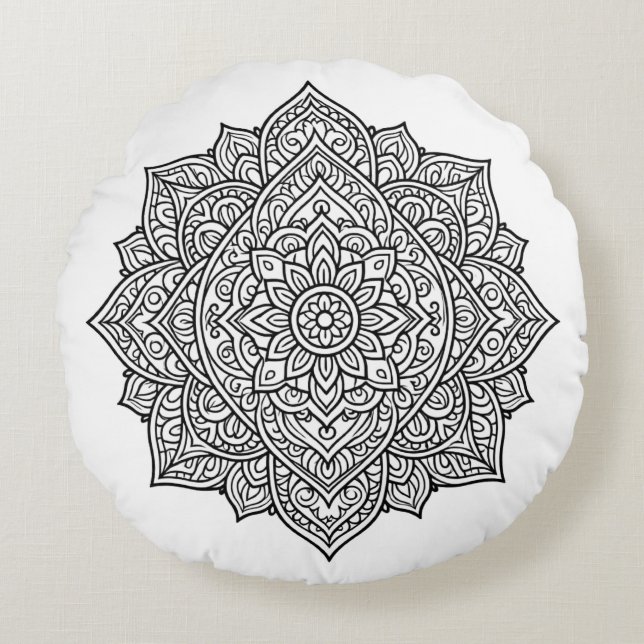 Almofada Redonda Intricate Black Line Mandala Art (Frente)