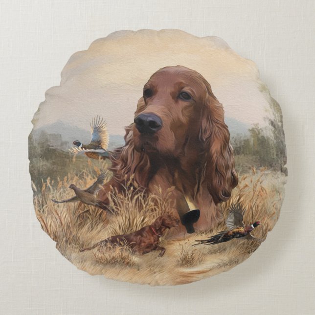 Almofada Redonda Irish Setter Hunting Pheasant ,Art (Frente)
