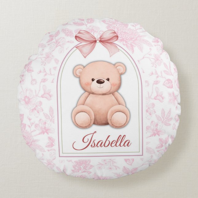 Almofada Redonda Isabella | Design de Enfermeiro de Urso Rosa Perso (Frente)