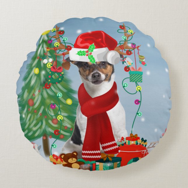 Almofada Redonda Jack Russell Terrier Dog em presentes de Natal na  (Frente)