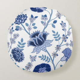 Almofada Redonda Jacobean Floral 2Way Pattern Blues em Branco