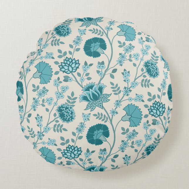 Almofada Redonda Jacobean Floral Pattern Teals on Cream (Frente)