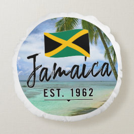 Almofada Redonda "Jamaica Est. 1962" Beach With Jamaica Flag Art