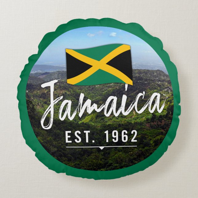 Almofada Redonda "Jamaica Est. Montanhas Azuis De 1962" Com Bandeir (Frente)