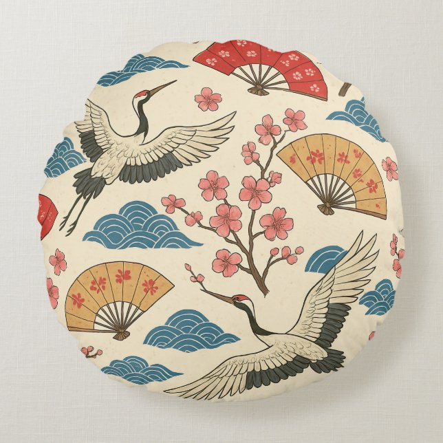 Almofada Redonda Japanese Crane Sakura Pattern Traditional Japanese (Frente)