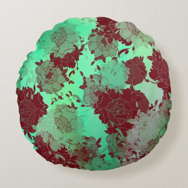 Almofada Redonda Japanese floral red patterns. (Frente)
