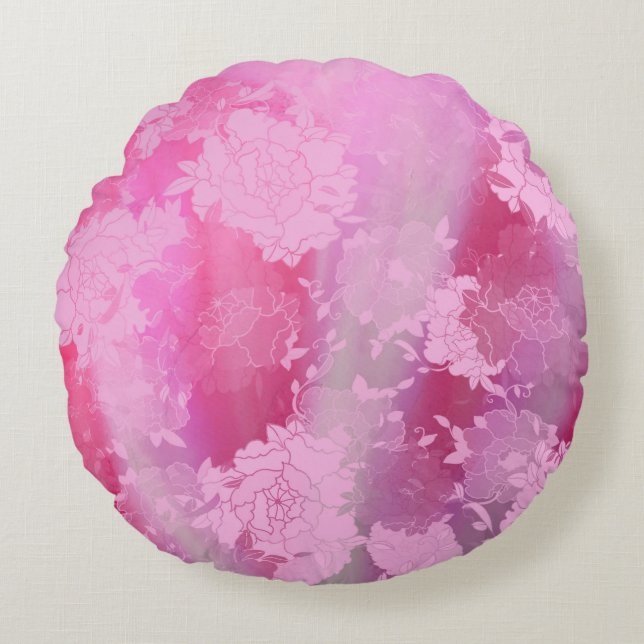 Almofada Redonda Japanese flowers pink patterns (Frente)
