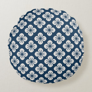 Almofada Redonda Japanese Navy Blue Ivory Floral Geometric Pattern