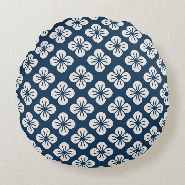 Almofada Redonda Japanese Navy Blue Ivory Floral Geometric Pattern (Frente)
