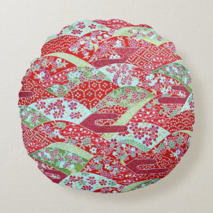 Almofada Redonda Japonês Washi Art Red Floral Origami Yuzen Round