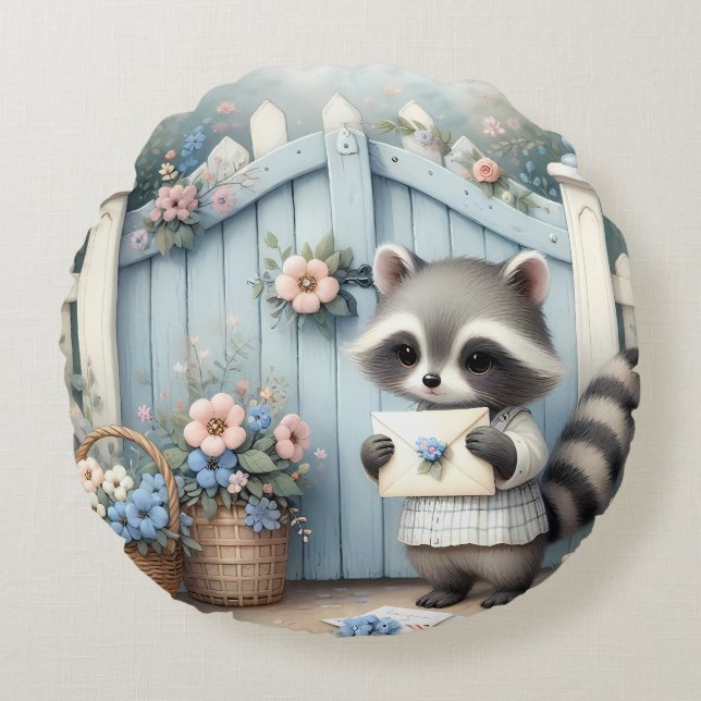 Almofada Redonda Jardim de Cartas Pastel Raccoon (Frente)