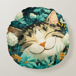 Almofada Redonda Jardim de Flores de Gato Adormecido com Aquarela A