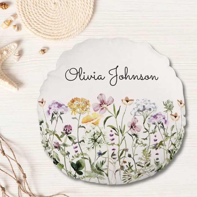 Almofada Redonda Jardim de Flores Silvestres com Nome Personalizado (In situ)