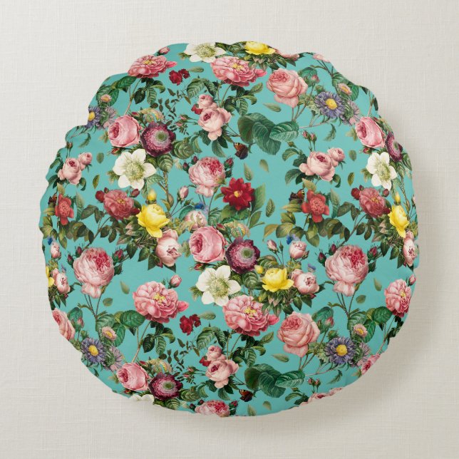 Almofada Redonda Jardim de rosa de safra em fundo teórico (Frente)