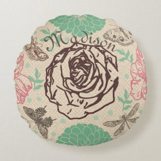Almofada Redonda Jardim de Rosa Floral de Vintage Personalizado