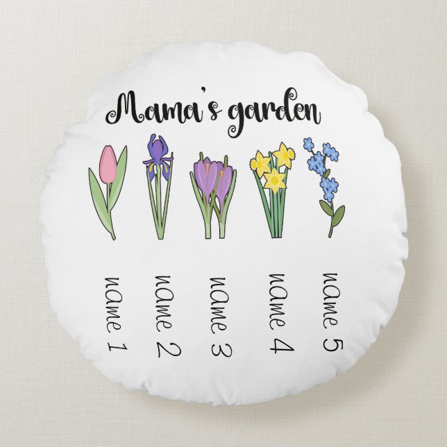 Almofada Redonda Jardim floral da mamãe com 5 nomes personalizados (Frente)