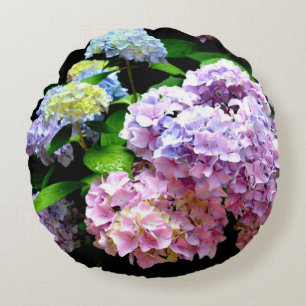 Almofada Redonda Jardim Hydrangea, rosa, azul, floral roxo