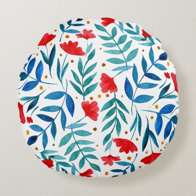 Almofada Redonda Jardim mágico - vermelho e turquesa (Frente)