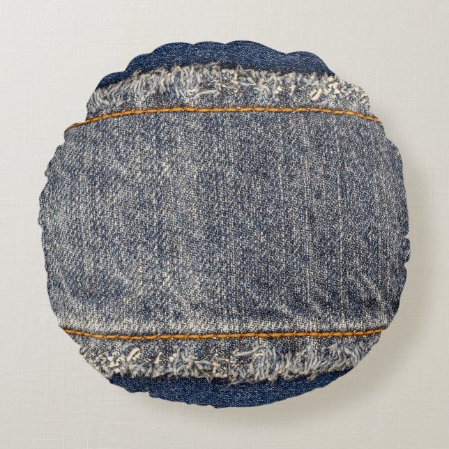 Almofada Redonda Jeans Azuis Denim: Patch Duplo Casual (Frente)