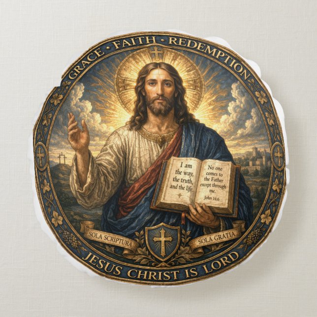 Almofada Redonda Jesus Cristo é Senhor (Frente)