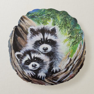 Almofada Redonda Jovens guaxinins no travesseiro decorativo redondo