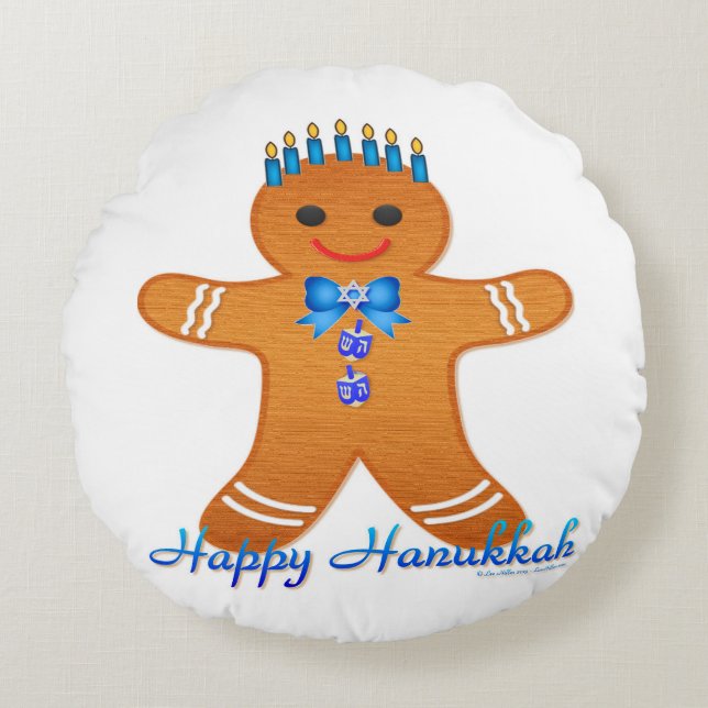 Almofada Redonda Judaica Hanukkah Gingerpão Man Menorah (Frente)