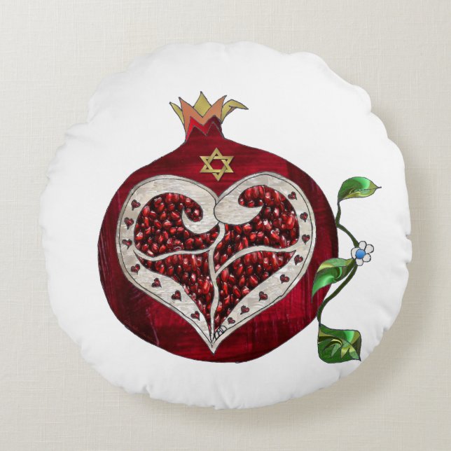 Almofada Redonda Judaica Pomegranate Heart Hanukkah Rosh Hashanah (Frente)