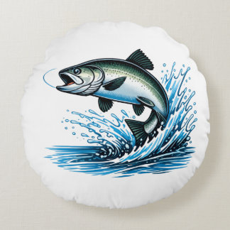 Almofada Redonda Jumping Salmon Splash Gift for Fisherman Art