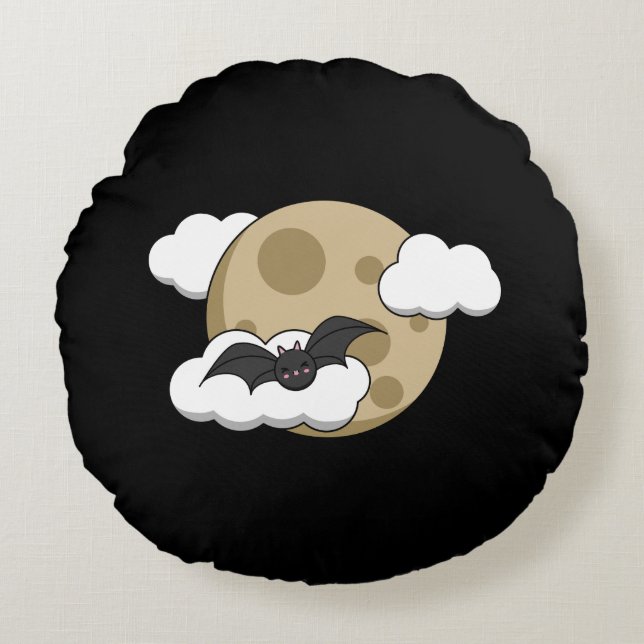 Almofada Redonda Kawaii Happy Bat Voando em Lua Cheia (Frente)