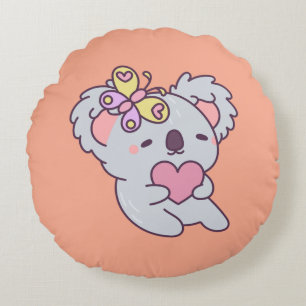 Almofada Redonda Kawaii Koala with Heart and Butterfly