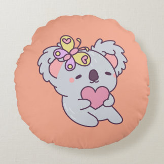 Almofada Redonda Kawaii Koala with Heart and Butterfly