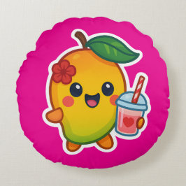 Almofada Redonda Kawaii Mango - Fruta doce com Heart Smoothi