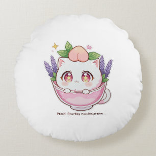Almofada Redonda Kawaii Peach Cat em Lavanda Teacup Travesseiro dec