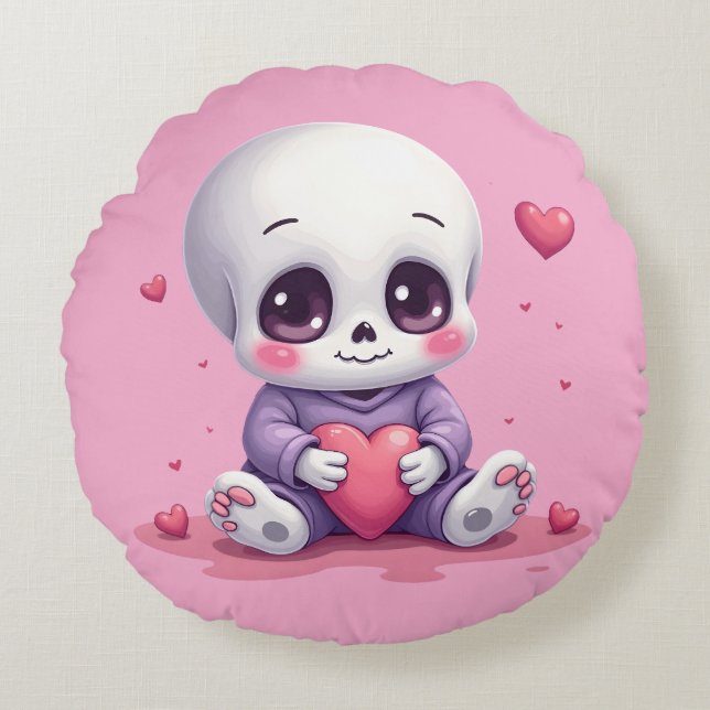Almofada Redonda Kawaii Skeleton Holding Heart (Frente)