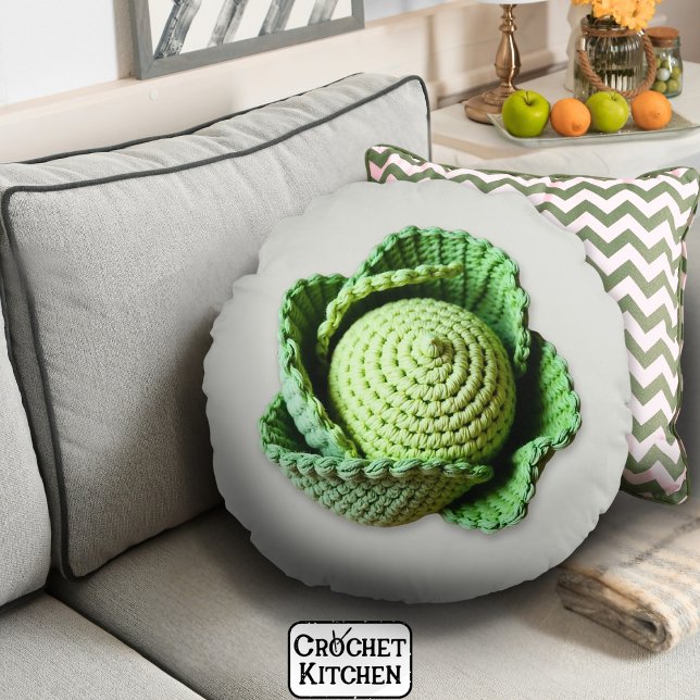 Almofada Redonda Kitsch Modern Green Granny Garden Crochet Cabbage (Criador carregado)