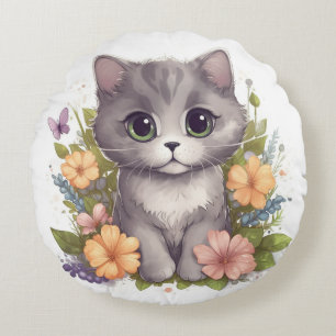 Almofada Redonda Kitten Cinza Doce com Flores Kawaii Chibi